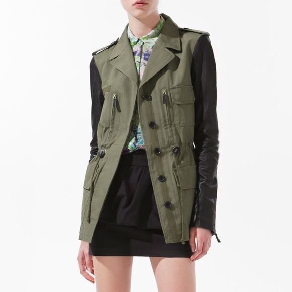 Zara Leather Sleeve Military Surplus Army Jacket L